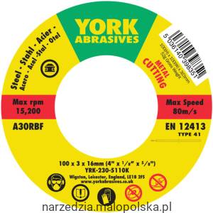 Tarcza do cięcia 100x3x16 A30RBF T41 York Abrasives YRK2305110K