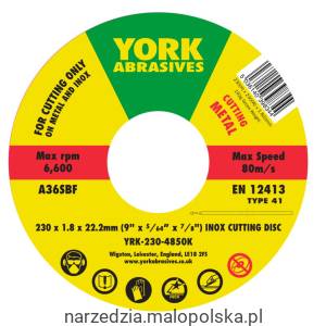 Tarcza do cięcia 230x1.8x22.23mm A36SBF INOX do stali nierdzewnej T41 York Abrasives YRK2304850K PRO20