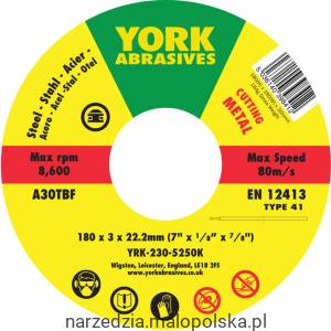 Tarcza do cięcia 180x3x22 23 A30TBF T41 York Abrasives YRK2305250K