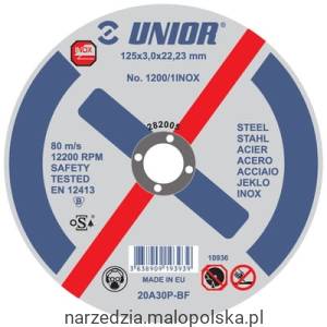 Płaska tarcza tnąca do stali INOX 115x3,0x22 Unior (619421) 1200/1INOX