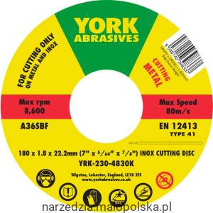 Tarcza do cięcia 180x1.8x22.23mm A36SBF INOX do stali nierdzewnej T41 York Abrasives YRK2304830K