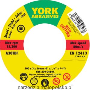Tarcza do cięcia 100x3x16 A30TBF T42 York Abrasives YRK2300650K
