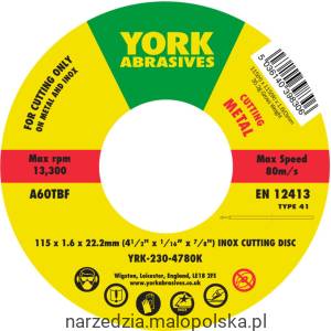 Tarcza do cięcia 115x1.6x22.23mm A60TBF INOX do stali nierdzewnej T41 York Abrasives YRK2304780K MTMX