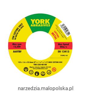 Tarcza do cięcia 125x1.6x22.23mm A60TBF INOX do stali nierdzewnej T41 York Abrasives YRK2304810K